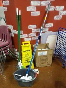 lot 1712 image: Lot of Misc Cleaning Supplies.  Brooms, Mop Bucket, Wipes & MORE
