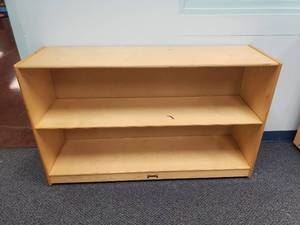 lot 1807 image: JonTi-Craft Wooden Rolling Classroom Cabinet.  48 x 15 x 30