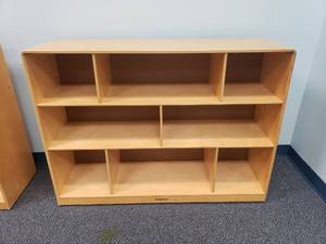 lot 1809 image: Lakeshore Wooden Rolling Classroom Storage Cabinet.  48 x 14 x 35