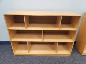lot 1810 image: Lakeshore Wooden Rolling Classroom Storage Cabinet.  48 x 14 x 35