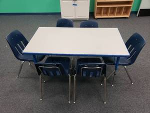 lot 1811 image: Small Rectangle Adjustable Height Classroom Table w 6 Chairs.  55 x 30