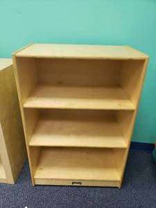 lot 1850 image: JonTi-Craft Wooden Rolling Classroom Cabinet.  24 x 36 x 14