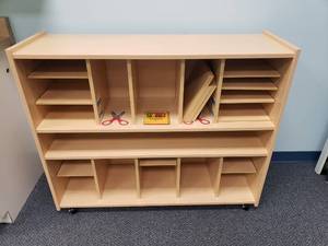 lot 1887 image: Tot Mate Rolling Classroom Storage Cabinet.  46 x 16 x 38