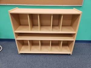 lot 1889 image: Tot Mate Rolling Classroom Storage Cabinet.  46 x 16 x 38