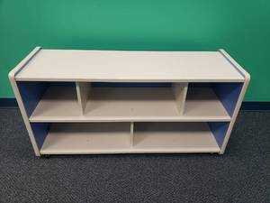 lot 1891 image: White & Blue Rolling Classroom Storage Cabinet.  47 x 23 x 15