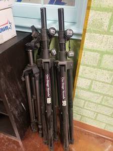 lot 1925 image: Lot of Tripods.  On-Stage Stands Speaker Tripods (Qty 2) & Video Camera Tripod