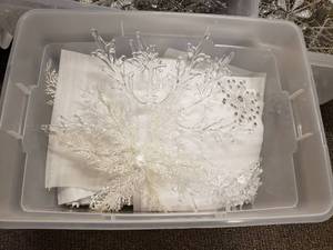 lot 1946 image: Tote Full of Misc Christmas Dcor.  Metal Stars, Snowflakes & Dcor for Large Christmas Trees.