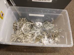 lot 1948 image: Tote Full of Misc Christmas Dcor.  Metal Stars & Snowflakes