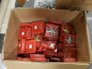 lot 1954 image: Large Box of Star Ornaments.  Gold, Silver & Red.  50 Boxes