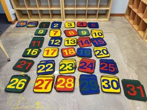lot 1028 image: Lot of 31 Numbered Classroom Floor Carpet Squares.  Numbered 1-31.  1 of each.