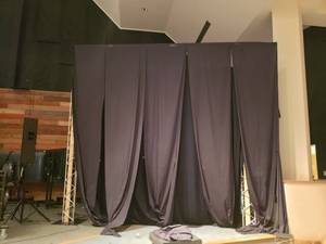 lot 30 image: Large Stage Truss Assembly w Stands & 5 Curtains.