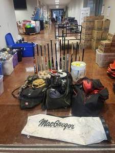 lot 2043 image: Large Lot of Misc Baseball & Softball Equipment.  Helmets, Gloves, Bats, Balls & More