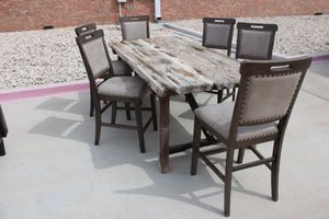 lot 40 image: Ashley Wooden Dining Table with 6 Bar Chairs (very heavy at least 2 inch thick table) BRING HELP