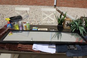 lot 59 image: Bathroom rugs, narrow mirror, liquid soaps, artificial plants and more