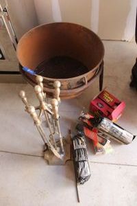 lot 77 image: Large Cast Iron Firepit with stand 28, fire starter logs, fireplace tool set