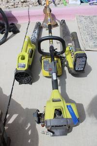 lot 55 image: Cordless Ryobi Leaf Blowers, Weed Eater and Ryobi ONE charger