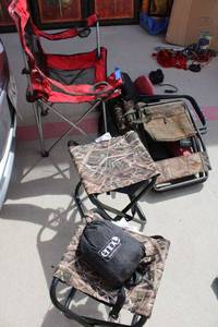lot 70 image: Outdoor Yard folding chairs and Folding Stools plus Bug Net