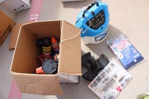 lot 73 image: Fishing lures, Bait bucket, anchor, US Flag and bug sprays