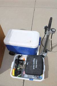 lot 92 image: Large Quantity Fishing supplies, Rolling cooler and Bontrager hand pump inflater. Several Hundred dollars of Fishing Items