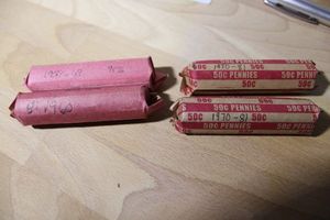 lot 66 image: Coins 2 rolls 1970-81 pennies and 2 rolls 1959-69 pennies which are 95% copper