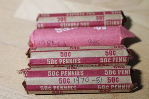 lot 67 image: Coins 2 rolls 1970-81 pennies and 2 rolls 1959-69 pennies which are 95% copper