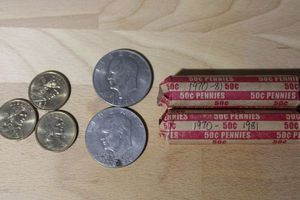 lot 68 image: Coins 2 rolls 1970-81 pennies, (1) 1971 Dollar Coin, (1) 1976 Dollar Coin, and (3) Sacagawea Dollar coins