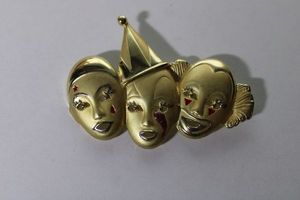 lot 114 image: Signed AJC triple clown pin. Circa 1980s. 3.5L x 2.5H. Marked AJC on back.