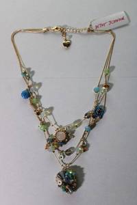 lot 122 image: Jewelry - Signed Betsey Johnson glass, enamel and crystal station bead 3-strand Illusion glam necklace (B10288-N01).