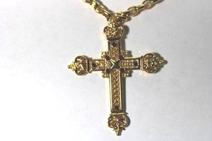 lot 128 image: Signed Burma gold plated cross on large link cable chain necklace with red crystals. Marked Burma on reverse of 3.5L cross. Lobster clasp. 26L, overall length 34L