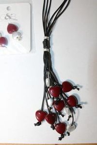 lot 133 image: Signed Christopher & Banks silver and red heart 32L corded necklace and matching French ear wire earring set. On cards.