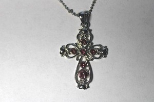 lot 145 image: Signed Cookie Lee silver plated ball and bead chain necklace with pink crystal studded cross pendant. 14L with 3 extender. Lobster clasp. Marked Cookie Lee on extender hang tag.