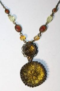 lot 148 image: Signed Cookie Lee Victorian style faceted glass necklace with antiqued chain. Necklace 14L with 3 extender. Marked Cookie Lee on hang tag.