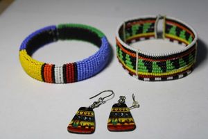 lot 176 image: Micro Beaded bangle bracelets with hand painted cactus and camel desert scene ear wire earrings.