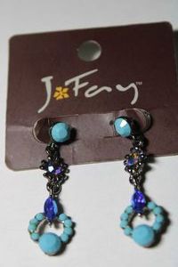 lot 185 image: Signed J Fay (New York, 2007 - ) faux Turquoise glass and aurora borealis bead poststud earrings. 2L. On retail card. Marked SNK on back (SNK Jewellry, South Korea).