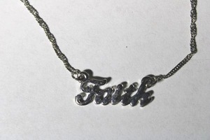 lot 201 image: Kohls script Faith pendant necklace with twisted chain necklace and orig retail tag. 18L with 2 extender