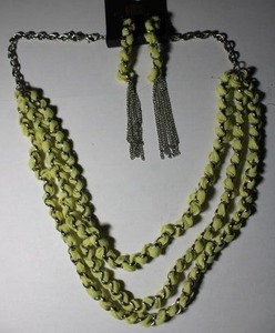 lot 207 image: Signed Kira Kira Bohemian metal and fabric multi-strand 24L necklace with matching 4L ear wire tassel earrings. On retail hang card.