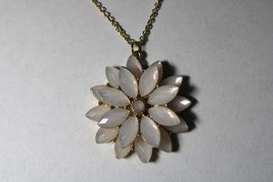 lot 227 image: Signed Liz Claiborne gold plated necklace with marquise cut glass petal flower pendant. Has LC hang tag. 34L with 3 extender