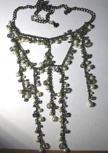 lot 308 image: Signed Simply Vera by Vera Wang pearl and faceted glass bead Victorian Revival style chatelaine or mourning style necklace. Has Simply Vera symbol hang tag. 26L with 2 extension.