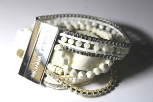 lot 311 image: Signed Victoria Emmerson multi strap rhinestone, bead, faux fur bracelet with magnetic bar clasp. Marked Victoria Emmerson on bar clasp.7L