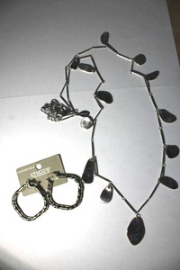 lot 330 image: Signed Chicos matte and polished flat freeform flat disc station necklace and enamel poststud earrings on braded card. Necklace 38L with 4 extender.