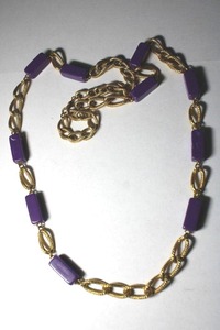 lot 96 image: Signed Monet textured link necklace with marbleized purple rectangular plastic stations. Has Monet hang tag. 30L