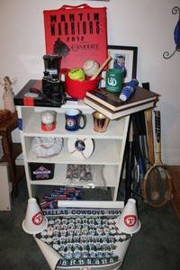lot 117 image: Sports and school lot Martin HS items, Arlington HS items, UTA items, Texas Rangers and Dallas Cowboys plus vintage tennis rackets, baseball bats