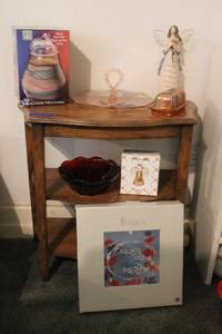 lot 119 image: Colored glassware Toska platter, Crystal Angel, red bowl, pink tray, orange butter dish, and Anchor Hocking Pear Jar