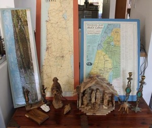 lot 3 image: Souvenirs from Israel maps, manger scene, candlesticks, new testament