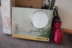 lot 152 image: Ironmetal shelves, magnifying wall mirror, wallpaper, umbrella, shoe gift frame with birthday card, and Home Interiors Santa print