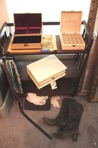 lot 161 image: Jewelry boxes, photo album, womens grey boots size 7.5 and matching purse plus fashion necklaces