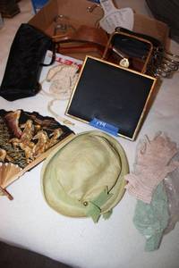lot 174 image: Vintage womens purse, green hat, knitted gloves, fan, scarf hangers
