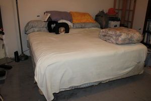 lot 178 image: King size bed frame and bedding, pillows and comforter