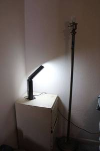 lot 182 image: 2-drawer file cabinet, Ott-lite, and floor lamp (needs lamp shade)