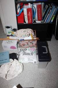 lot 215 image: Quilters basket, poly-fil, Ruler Roundup, pair of lamps, coloring markers
